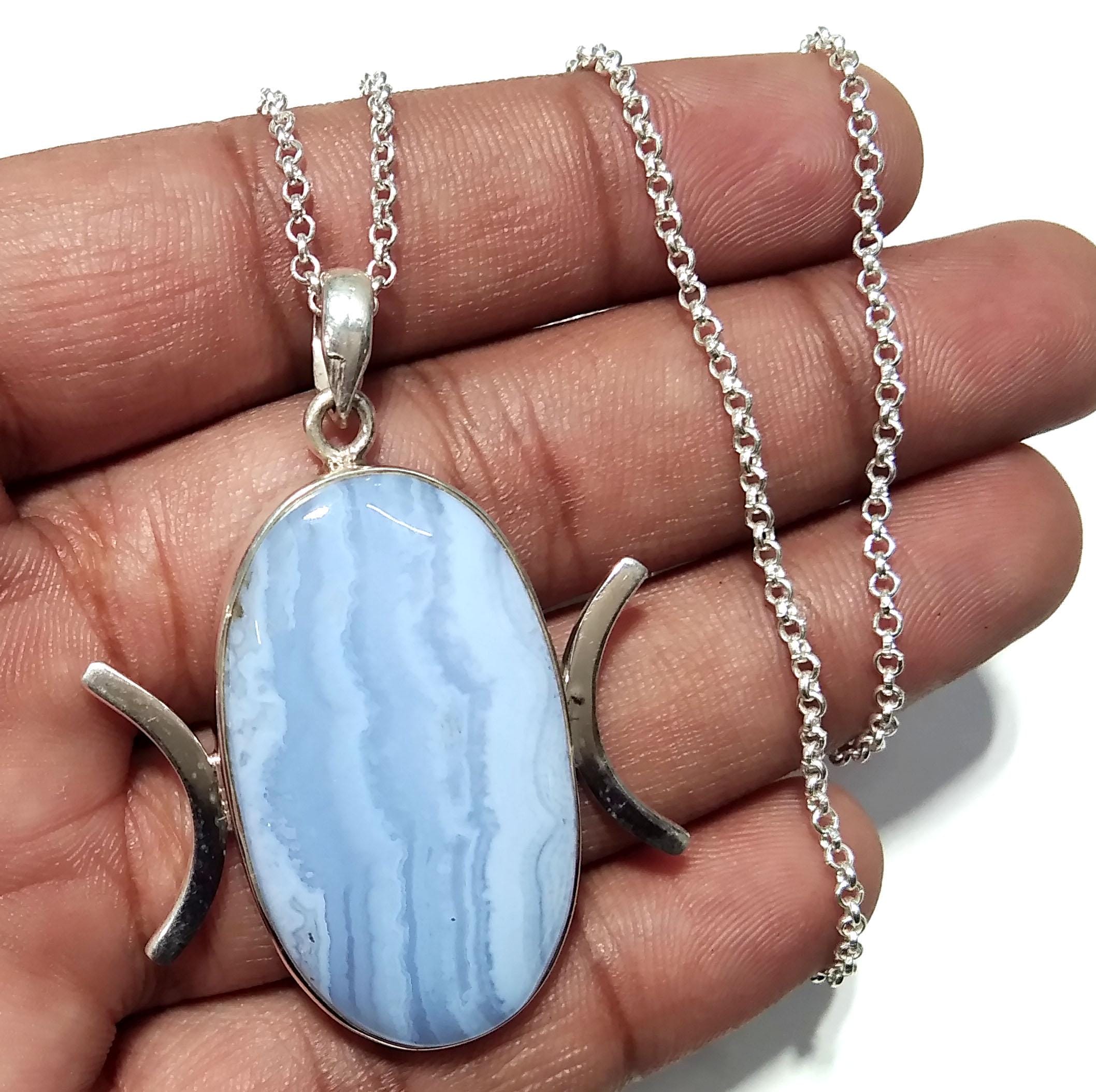 Natural Blue Lace Agate Gemstone Chain Pendant, 925 Sterling Silver Pendant Jewelry, Silver Designer Handmade Pendant, Gift Birthday Pendant